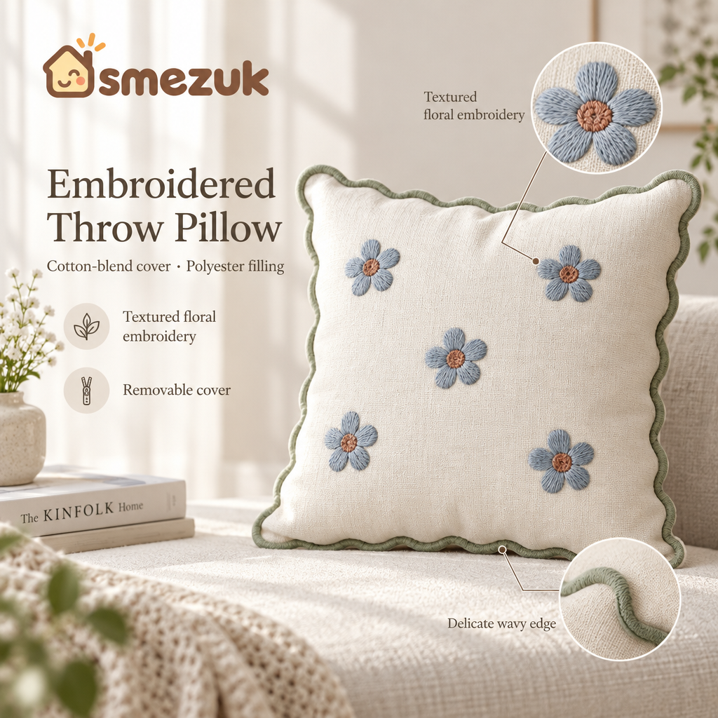 SMEZUK Embroidered Floral Throw Pillow detail 2