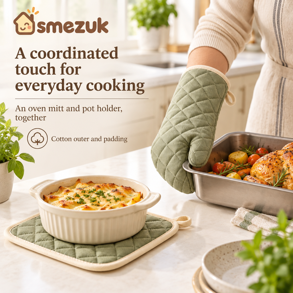 SMEZUK Quilted Oven Mitt & Pot Holder Set detail 3